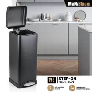 MoNiBloom 8-Gallon Step Trash Can With Soft-Close Lid For Kitchen Bathroom Bedroom Living Room Home Office Dorm Square Fingerprint-Proof Foot Pedal Garbage Bin Removable Inner Bucket Black 30-Liter Black