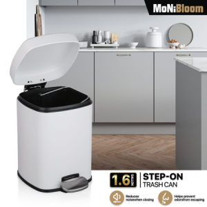 MoNiBloom 1.6-Gallon Step Trash Can With Soft-Close Lid For Kitchen Bathroom Bedroom Living Room Home Office Dorm Fingerprint-Proof Foot Pedal Garbage Bin With Removable Inner Bucket White 6-Liter White